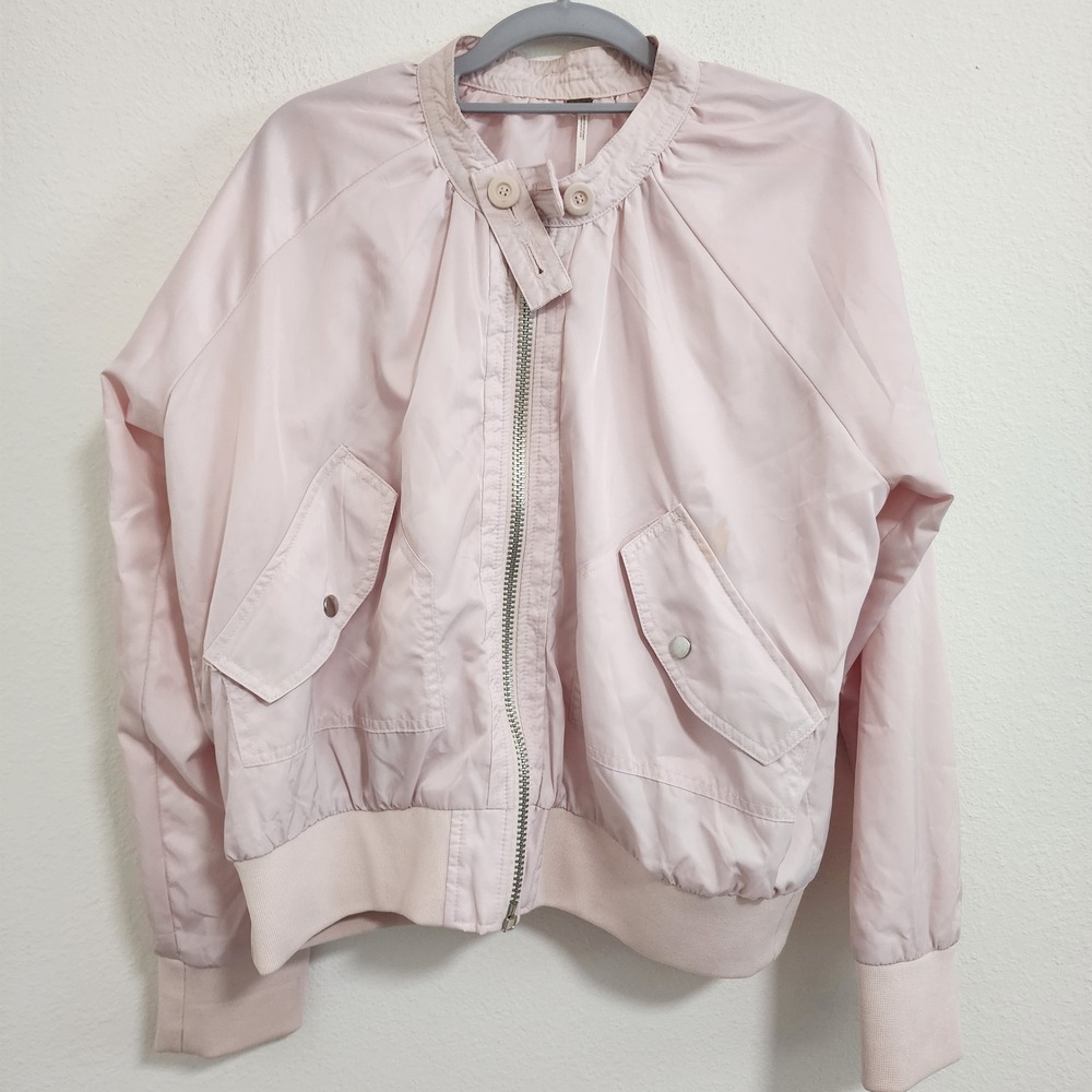 Free People Womens Size M Pink Bomber Jacket Full‎ Zip Button Pockets